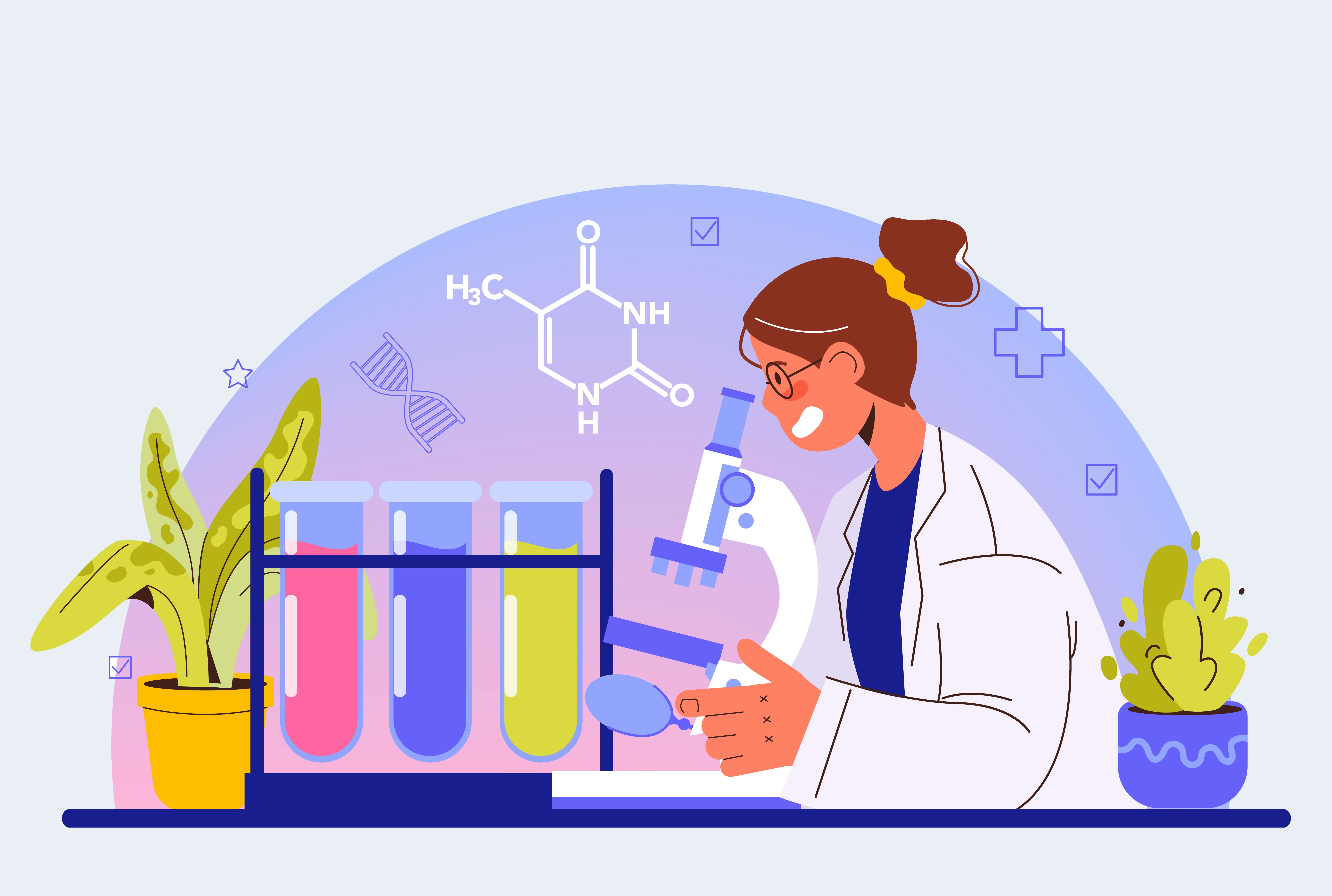 Ilustracion cientificos haciendo pruebas